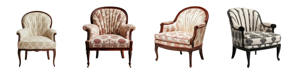 Collection of elegant and ornate armchairs with classic designs and vintage floral upholstery perfect for creating a luxurious and refined atmosphere in living rooms offices or other interior spaces
