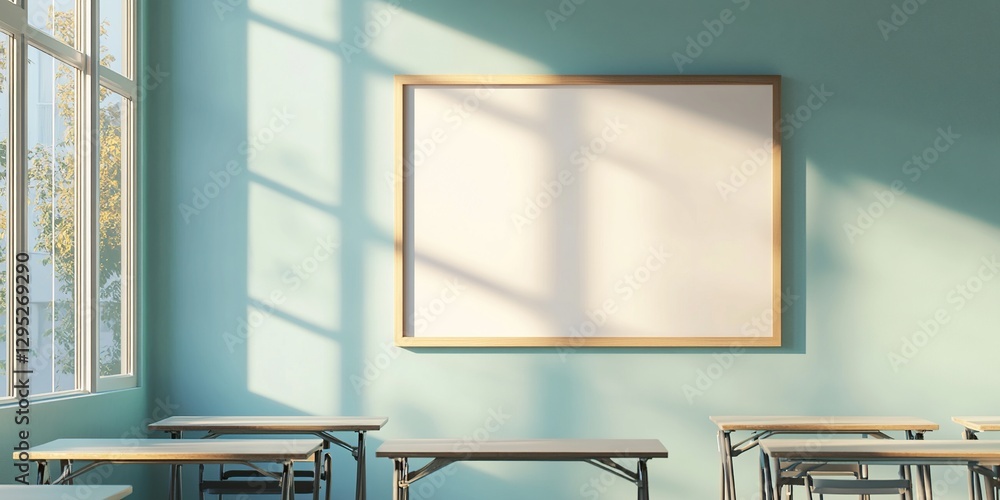 Poster empty classroom with blank whiteboard and sunlight streaming through window