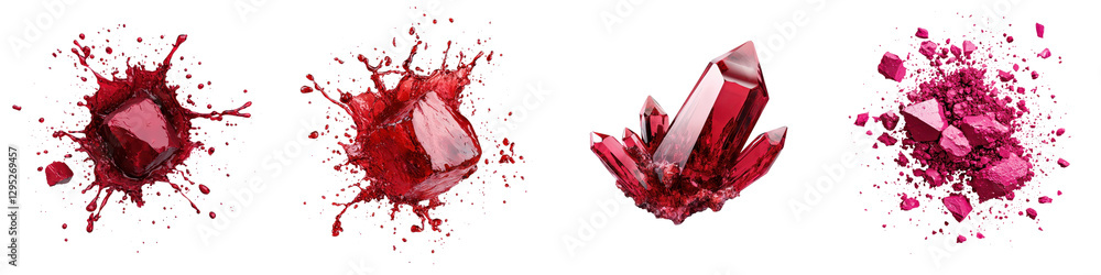 Poster shattered gemstone fragments including ruby quartz and amethyst bursting forth in a vibrant kaleidos
