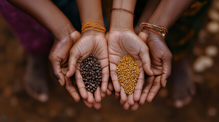 Hands holding different types of seeds, showcasing diversity in agriculture and community