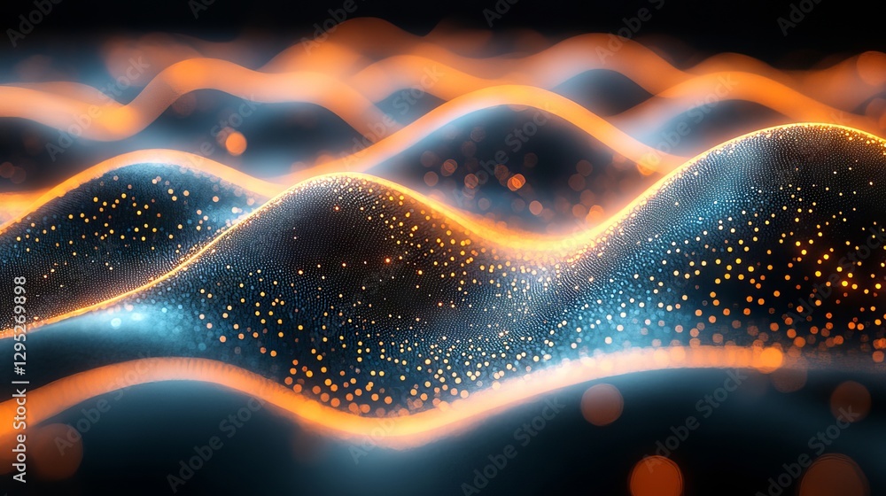 Poster abstract futuristic technology flow background with dynamic green dots and 3d rendered wave symboliz