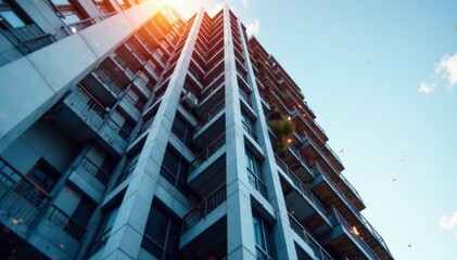 Fototapeta premium Modern apartment complex rising, steel beams visible, home, building site, commercial