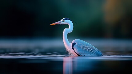 Obraz premium Majestic heron wading gracefully in serene waters at dawn, surrounded by soft natural light