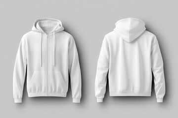 White zipper hoodie, front and back view. Ideal for apparel design mockups and showcasing prints.