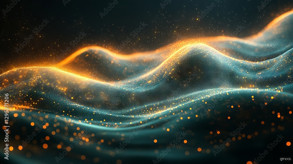 Poster abstract futuristic technology flow background with dynamic green dots and 3d rendered wave symboliz