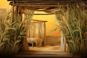 Rustic structure sukkah with curtains sways gently in warm desert breeze, framed by golden grass as sun sets, casting serene glow over sand.