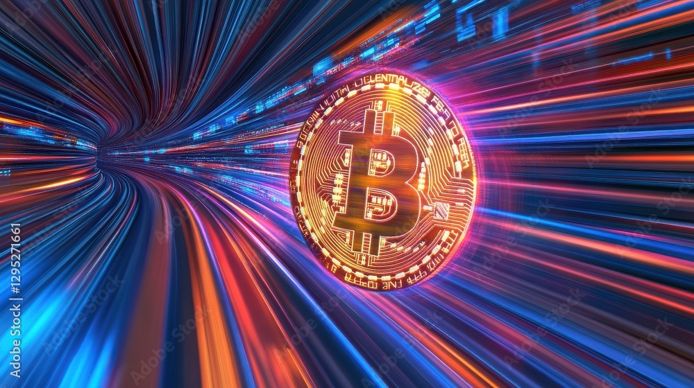 Poster a vibrant digital representation of a bitcoin, showcasing dynamic movement through a tunnel of color