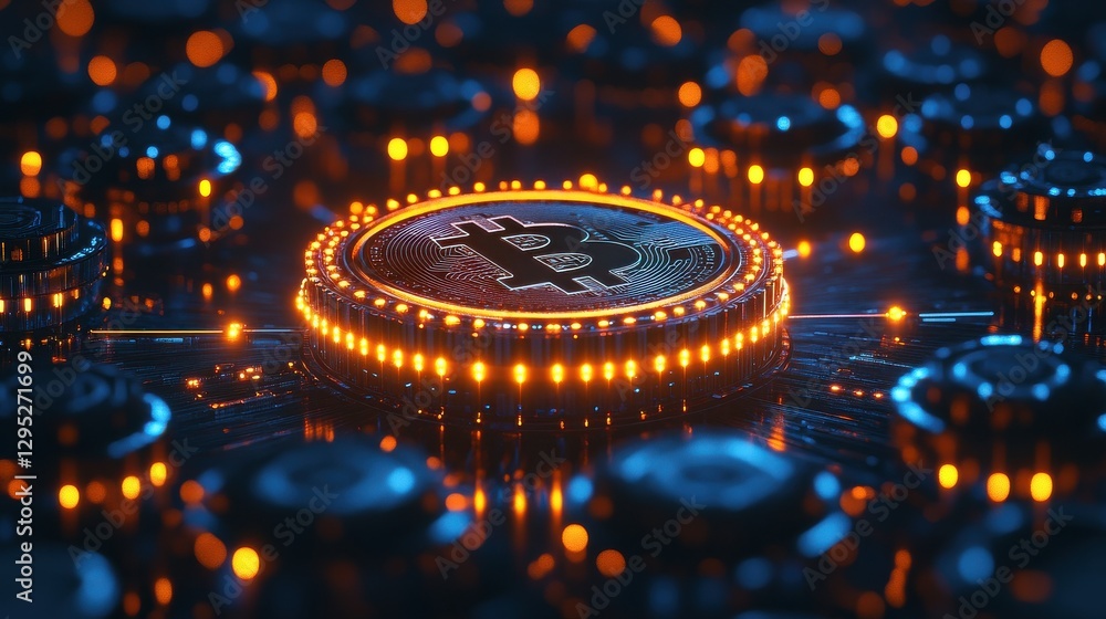 Poster a glowing bitcoin surrounded by digital circuits, creating a futuristic and tech-inspired atmosphere