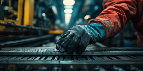 Industrial worker checking metal part in production line