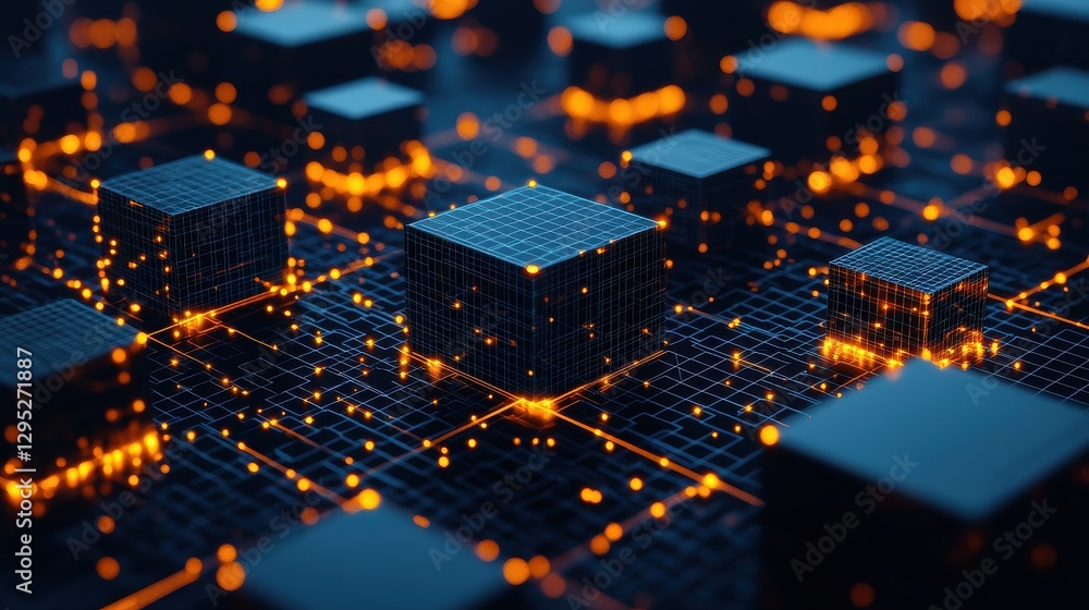 Poster a close-up view of interconnected microchips glowing with orange lights, representing advanced techn