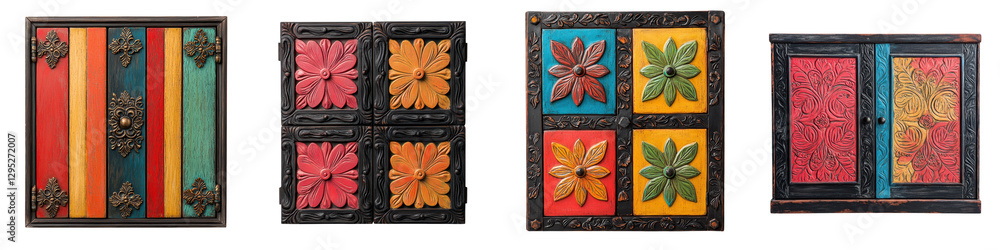 Poster a collection of colorful handmade wooden frames with intricate floral patterns and ornate displayed 
