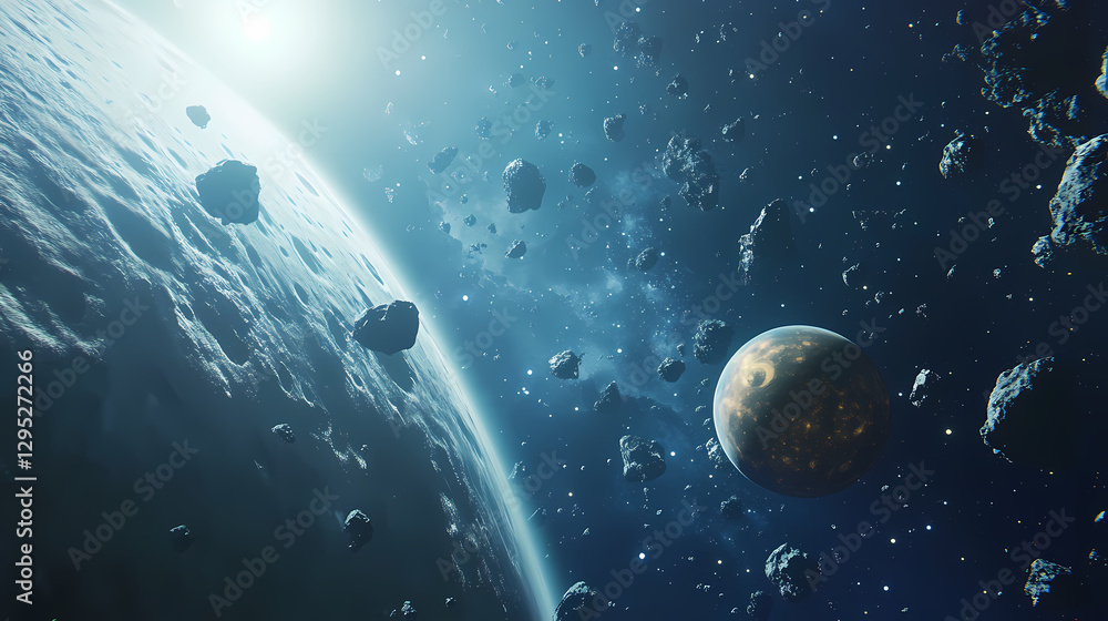 Wall mural giant planet in deep space with asteroids