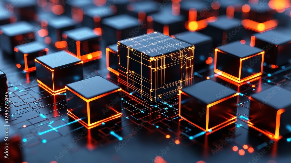 Poster a close-up view of a futuristic circuit board with glowing elements and black cubes, emphasizing tec