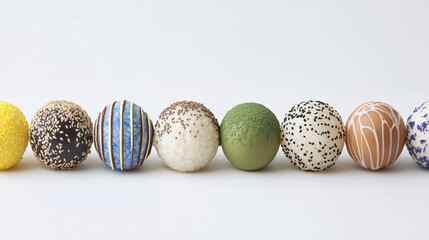 Delightful assortment of colorful chocolate truffles arranged in row, showcasing various textures and flavors