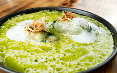 Artistic Soup with Green Broth and Crispy Elements