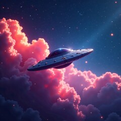 Obraz premium Close up view of a sleek UFO flying among colorful nebula clouds in deep space, exploration, adventure, unknown