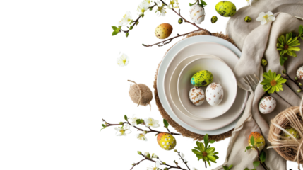 Easter table setting decorated with blossom branches and colorful eggs on transparent background