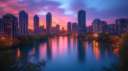 Naklejka premium Cityscape sunrise lake reflection, urban dawn