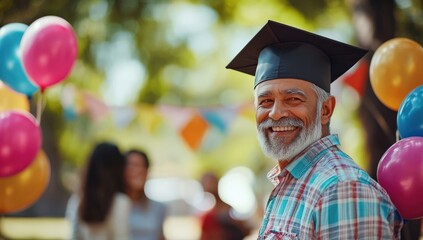 Fototapeta premium Proud Elderly Man Celebrating Graduation in Colorful Outdoor Setting with Balloons and Festive Decorations, Surrounded by Friends and Family