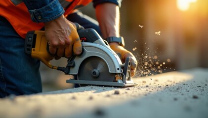 Construction worker cuts concrete with saw Dust flies , concrete saw, work