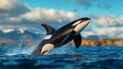 Fototapeta premium Majestic orca breaches the ocean surface under a dramatic sky with distant mountains in view