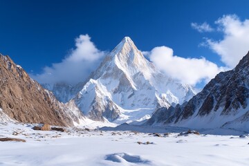 Majestic snow-capped mountain peak under blue sky.