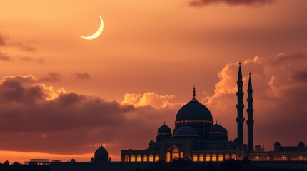 Naklejka premium Majestic Mosque Silhouette at Sunset with Crescent Moon