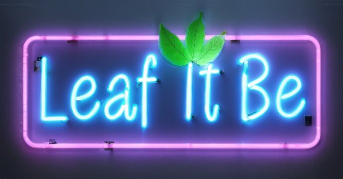 Neon sign leaf it be bright green glowing outline soft sparkle around its edges colorful realistic photo