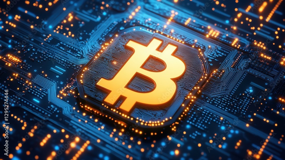 Poster a digital representation of the bitcoin symbol, illuminated against a circuit board background, show