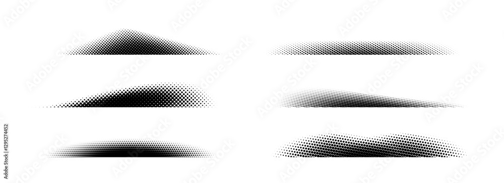 Poster Halftone shadow set. Black dotted gradient stripe collection. Half tone textured shade pack for divide and separate. Horizontal pixelated grain line patterns. Vector noise dots and particles strips
