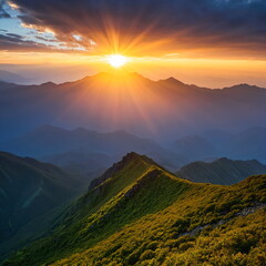 Golden Dawn Over Alpine Peaks with Radiant Sunlight, Majestic Clouds, and Tranquil Mountain Landscape