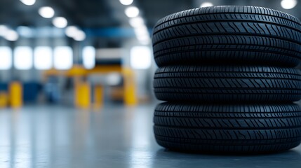 Three stacked automobile tires in a blurred workshop setting