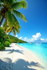 Fototapeta premium Tiny Bora Bora isle, white sand beach, palm trees, remote, sun