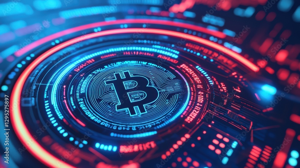 Poster a vibrant digital representation of bitcoin, featuring glowing circuits and a futuristic design that