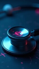 Close-up of digital stethoscope with LCD display showing heartbeat rate, technology, modern