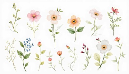 A set of delicate watercolor botanical illustrations of different flowers, leaves, and vines