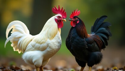 Fototapeta premium Close-up of white rooster and black hen mating , livestock, close, gallus gallus domesticus