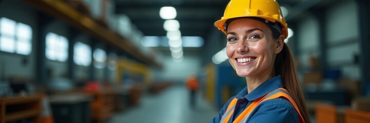 Confident female technician smiles, wearing safety gear and work clothes, female, helmet, manufacturing