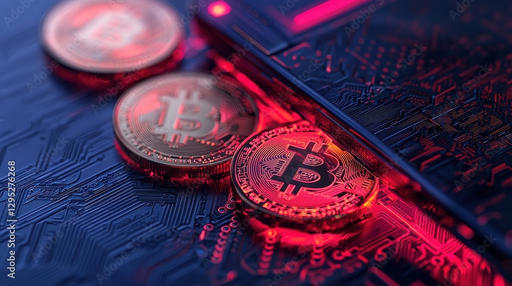 Poster a close-up of bitcoin coins resting on a digital circuit background, illuminated with red lighting, 