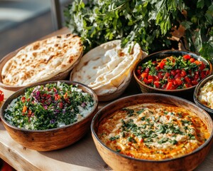 Contemporary Eid al-Fitr Table Vibrant Mediterranean Spread on Rustic Wood for Seasonal Celebrations and Hospitality Marketing in Culinary Arts