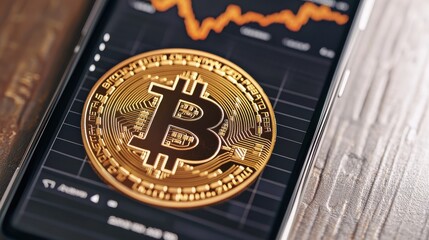 A smartphone displays a Bitcoin symbol alongside a fluctuating market graph, illustrating cryptocurrency trading trends.