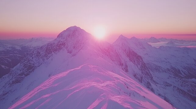 Pink Sunset Over Snowy Mountain Peaks - Powered by Adobe