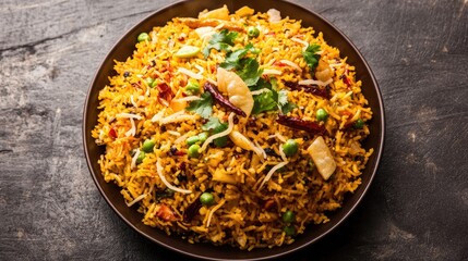 Vibrant Vegetarian Biryani Served on a Rustic Dark Plate