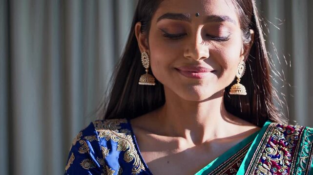 Slow Motion Beautiful Young Indian Woman Wearing Traditional Saree Standing Still, Fixed Camera Movement, Elegant Cultural Portrait, Ethnic Fashion, Serene Beauty, Authentic Indian Heritage Background