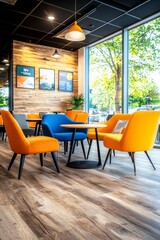 Fototapeta premium Modern Office Lounge with Colorful Armchairs and Wooden Flooring.