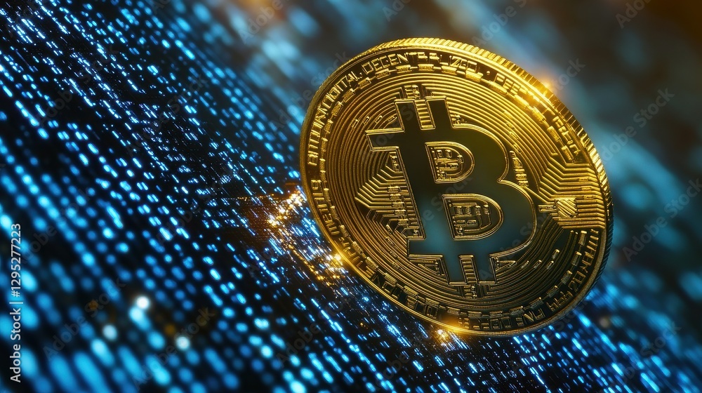 Poster a stylized bitcoin coin floats above a digital matrix, symbolizing cryptocurrency and the evolving l