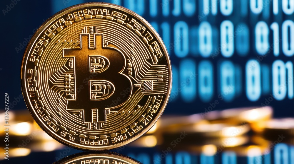 Poster a golden bitcoin stands prominently in the foreground, reflecting light, with a backdrop of binary c