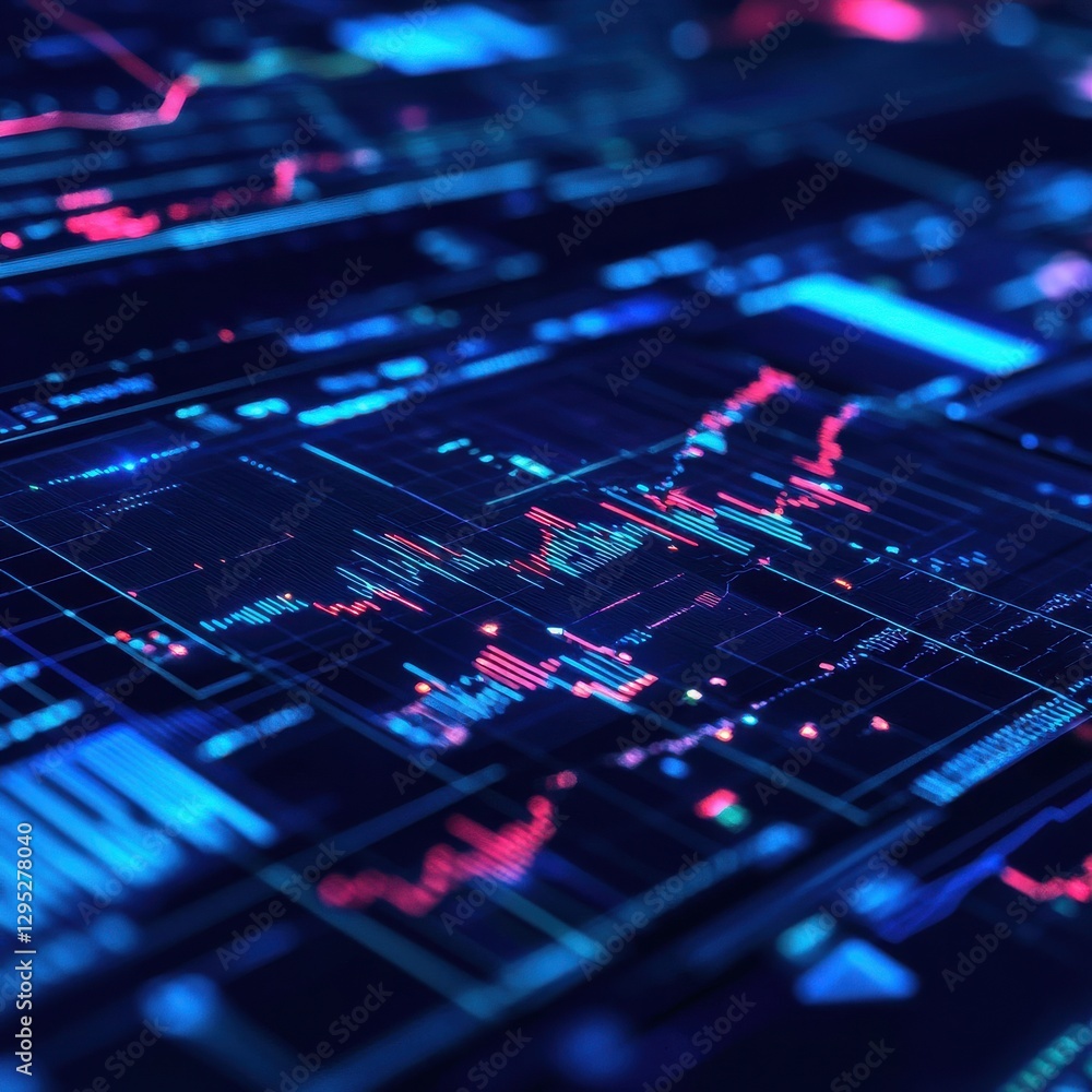 Aufkleber a vibrant digital interface displaying dynamic financial data and stock market trends in blue and pi