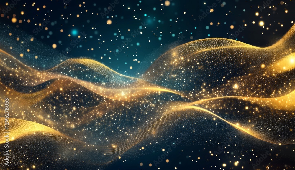 Poster golden wavy lines with shimmering particles in a dark space background