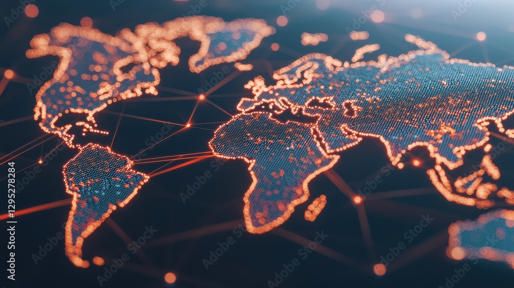 Poster a digital map of the world with glowing lines, representing global connectivity and data flow.